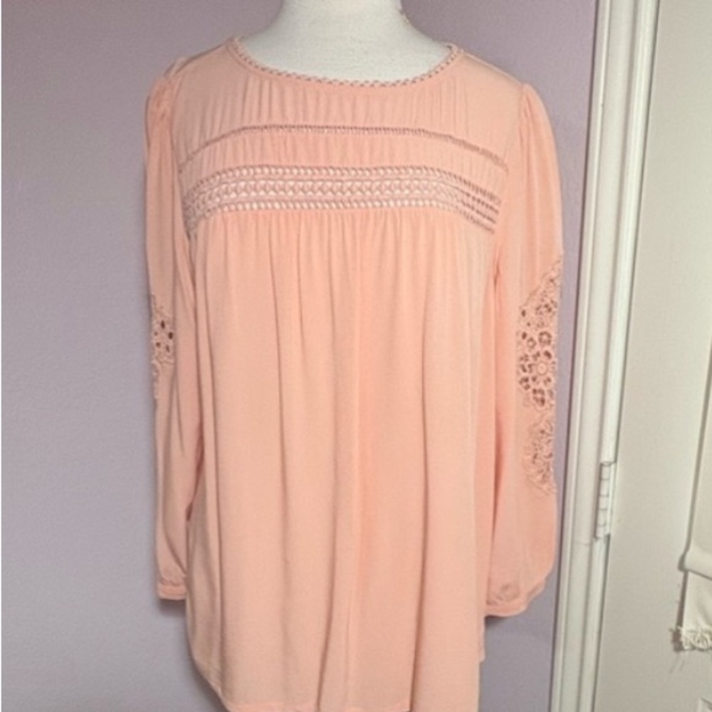LOFT Peach Blouse with Embroidered Lace Details. Size L